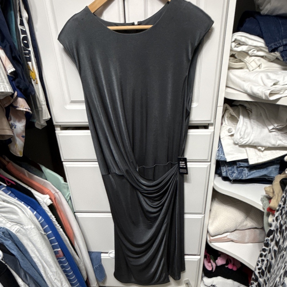 Express Polyester Gray Solid Sleeveless Crew Neck Draped Dress XL
